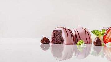 A dessert with strawberries and chocolate on a white surface photo