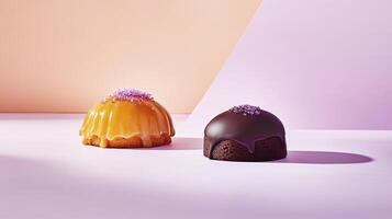Two chocolate covered desserts on a pink and purple background photo