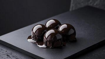 Three chocolate balls on a black surface photo
