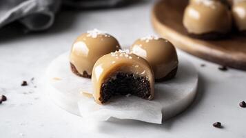 Three chocolate balls with caramel on top photo