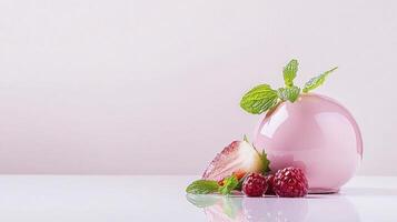 A pink egg with fresh strawberries and mint photo