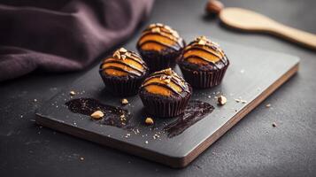 Chocolate cupcakes with nuts on a black background photo