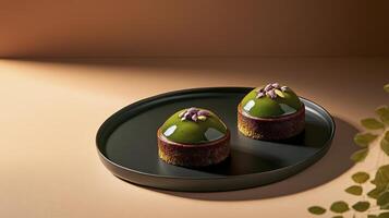 Two cakes on a black plate with a plant in the background photo