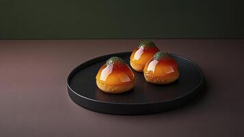 A black plate with three food items photo