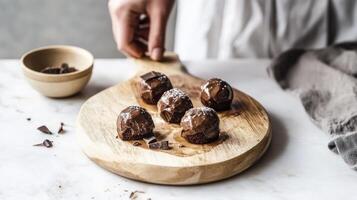 A woman is holding a wooden cutting board with chocolate covered nuts photo