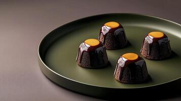 Four chocolate covered desserts on a green plate photo