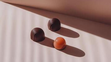 Three chocolate candies on a white surface photo