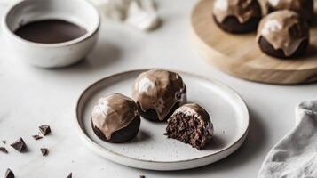 Chocolate balls on a plate with a cup of coffee photo