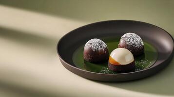 Three chocolate covered balls sit in a bowl photo