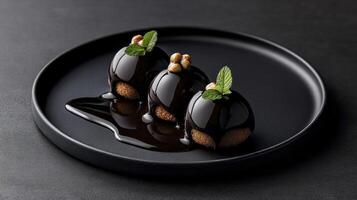 Three chocolate covered nuts on a black plate photo
