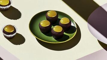 A plate with chocolate cupcakes and yellow eggs photo