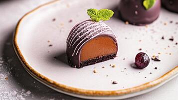 Chocolate truffles on a plate with grapes photo