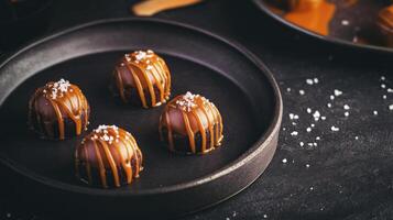 A plate with four chocolate covered balls on it photo