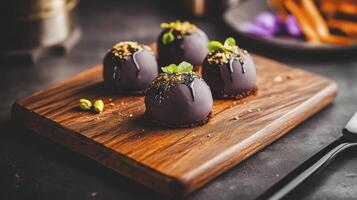 Three chocolate covered truffles on a wooden cutting board photo