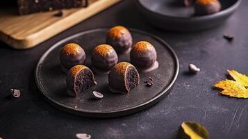 Chocolate covered cookies on a black plate photo