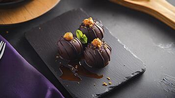 Chocolate covered truffles on a black slate photo