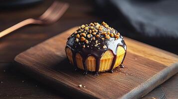 A small cupcake with chocolate frosting on a wooden cutting board photo