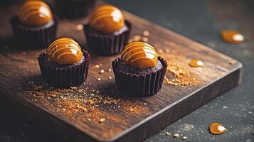 Chocolate cupcakes with caramel on a wooden cutting board photo