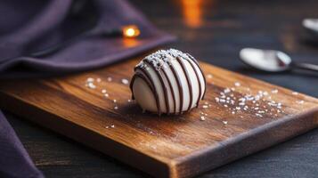 A chocolate covered egg sitting on a wooden cutting board photo