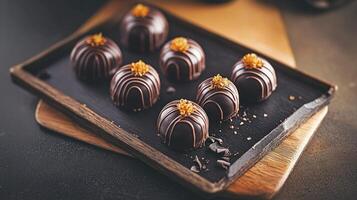 Chocolate covered truffles on a black tray photo