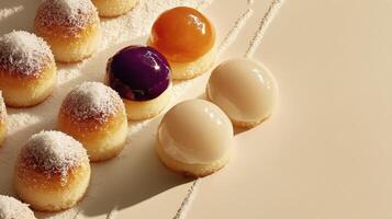 A group of pastries with different colored frosting photo