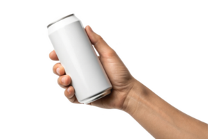 hand holding blank beverage can, ready for consumption or branding png