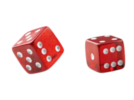 Red dice with white dots, showing different numbers, on transparent background png