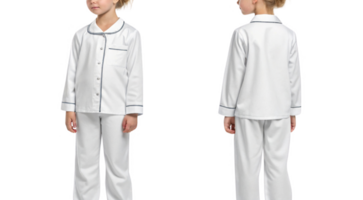 Comfortable white pajama set for children, featuring classic design with collar and pocket. Ideal for cozy night sleep png