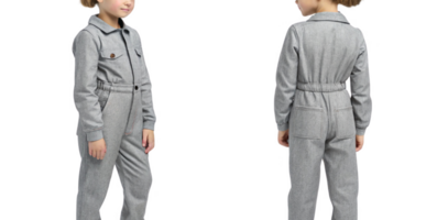 child wearing gray jumpsuit, showcasing front and back views, exuding playful vibe png