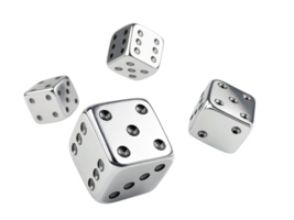 Rolling silver dice on transparency background, showcasing various numbers png
