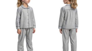 Cozy gray pajamas for girls, featuring button up top and matching pants. Perfect for bedtime comfort and relaxation png