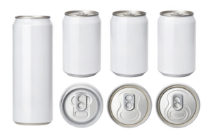 White aluminum beverage cans in various sizes and angles, showcasing their design and functionality png