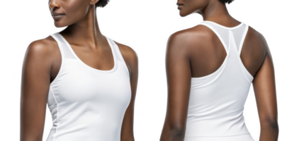 This features woman wearing white athletic tank top, showcasing both front and back views. design emphasizes comfort and style png