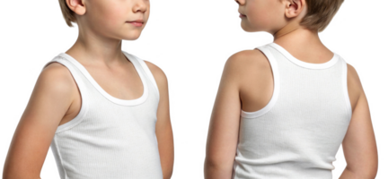 young boy wearing white tank top, showcasing front and back views, exuding confidence and simplicity png