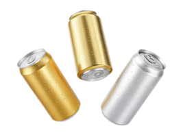 Golden and silver beverage cans with condensation, perfect for refreshing drinks png