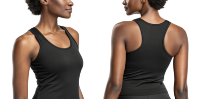 woman wearing black tank top, showcasing both front and back views, exuding confidence and style png