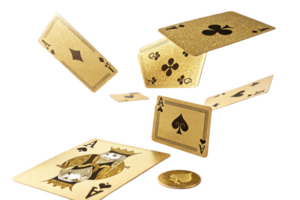 Golden playing cards floating in air, showcasing various suits and designs, creating dynamic and luxurious scene png