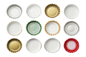 Bottle caps in various colors and designs arranged in grid pattern, showcasing their unique shapes and textures png