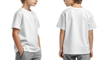 plain white t shirt displayed on young boy from front and back, showcasing its simple design and fit png