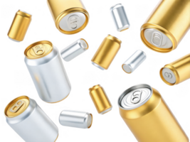Falling aluminum cans in gold and silver colors create dynamic scene png