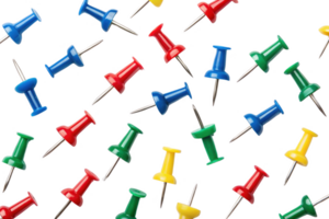 Colorful push pins scattered on transparency background, ideal for organization png