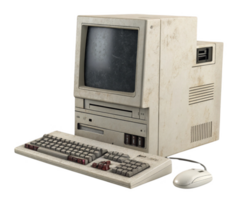 Vintage computer with keyboard and mouse, showing wear and tear png