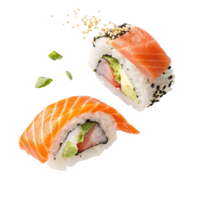Fresh sushi rolls with salmon and avocado, garnished with sesame seeds and wasabi png