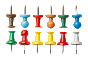 Colorful push pins arranged in grid, showcasing various colors and styles. Perfect for organizing notes and reminders png