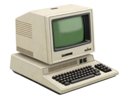 Vintage computer with green screen and keyboard, showcasing retro technology. png