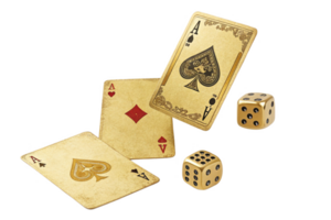 Playing cards and dice on table, showcasing game setup with excitement png