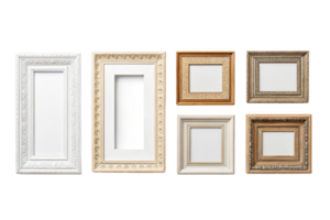 Elegant picture frames in various styles and colors, perfect for displaying art png