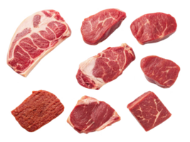 Fresh cuts of beef including steaks and ground meat, showcasing various textures and colors png
