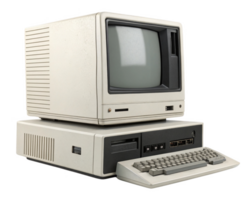 A vintage computer with monitor and keyboard, showcasing retro technology. png