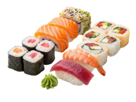 Sushi prato apresentando vários tipos do Sushi rolos, Incluindo salmão, atum, e camarão, enfeitado com wasabi png